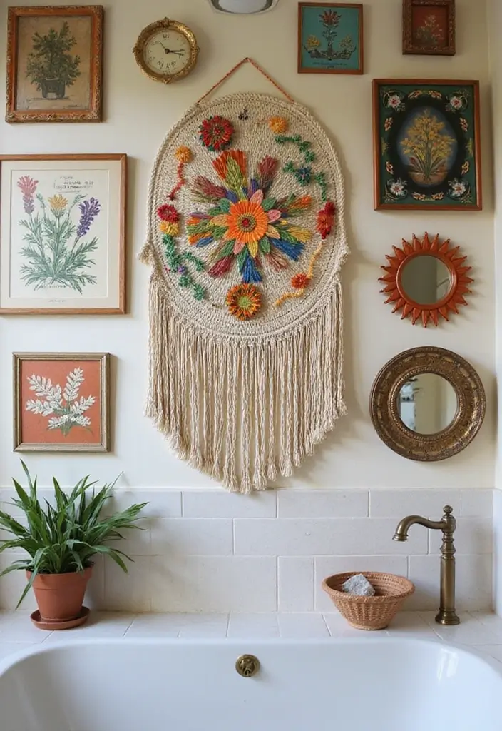 25 Bohemian Bathroom Decor Ideas That Wow Guests - 1. Eclectic Wall Art