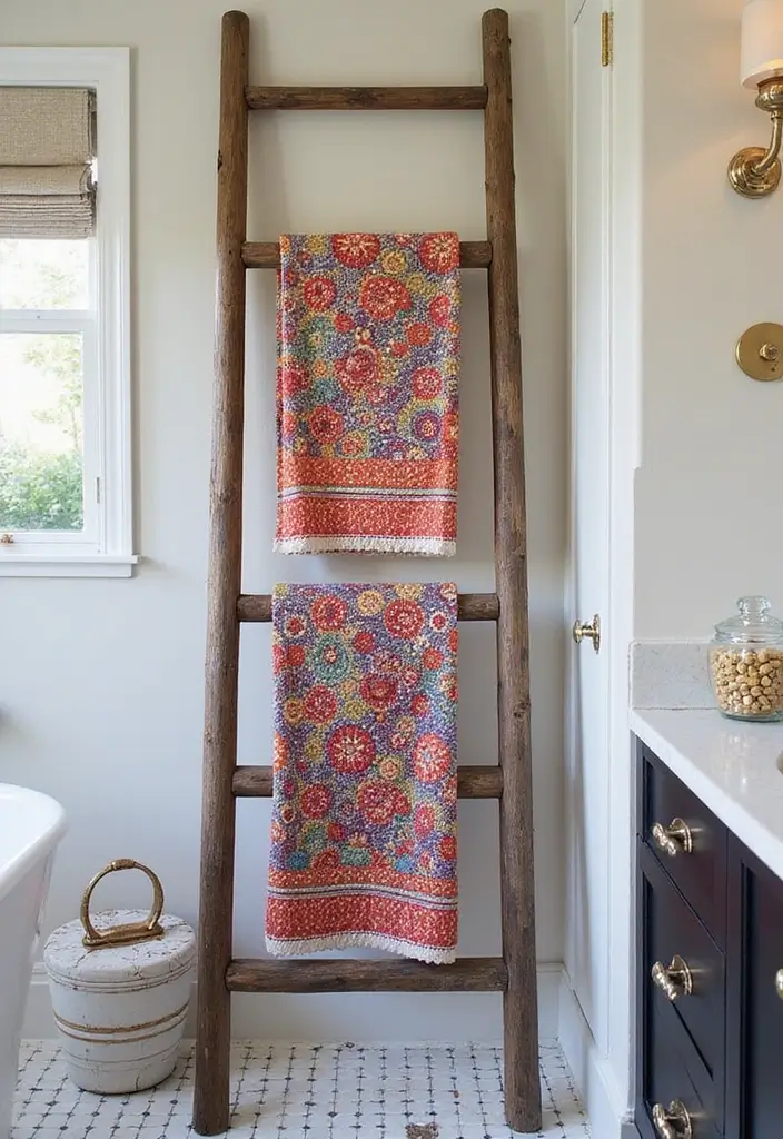 25 Bohemian Bathroom Decor Ideas That Wow Guests - 16. Artistic Towel Display