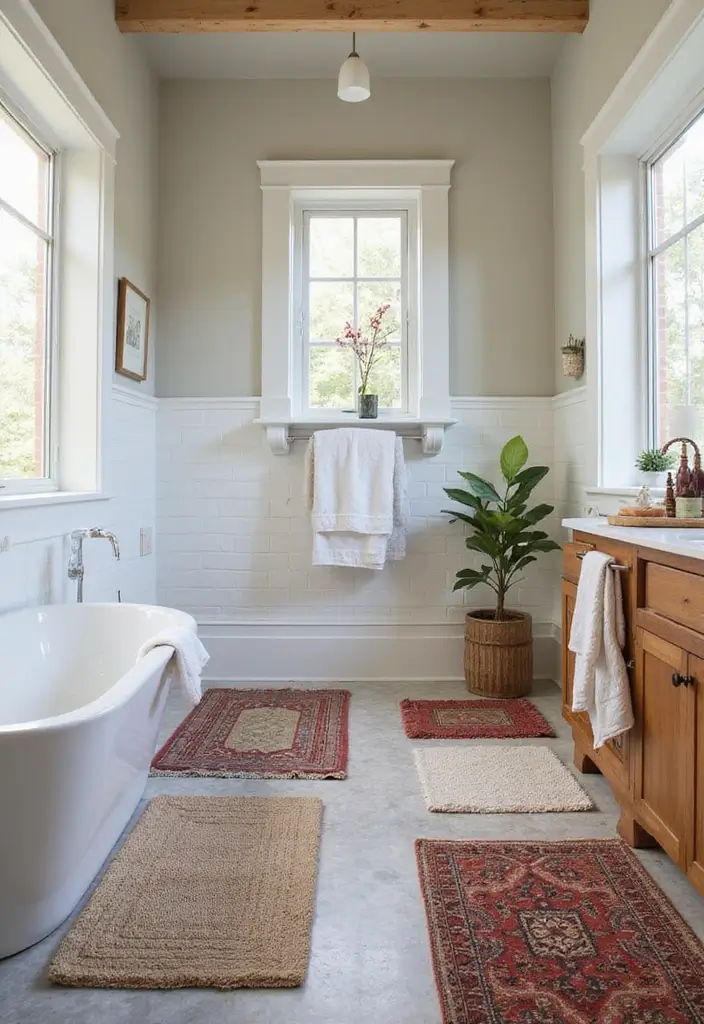 25 Bohemian Bathroom Decor Ideas That Wow Guests - 19. Layered Rugs