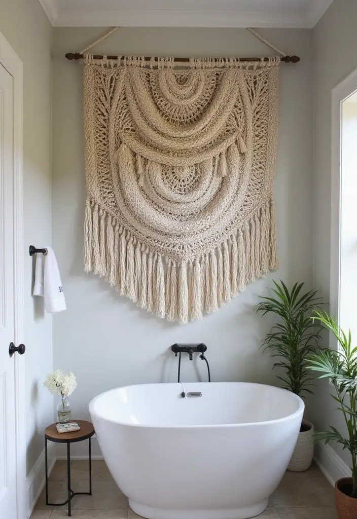 25 Bohemian Bathroom Decor Ideas That Wow Guests - 9. Artistic Wall Hanging