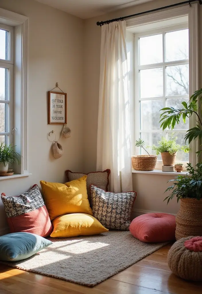 25 Bohemian Dorm Room Ideas Perfect for Small Spaces 12 25 Bohemian Dorm Room Ideas Perfect for Small Spaces - 12. Comfortable Floor Seating