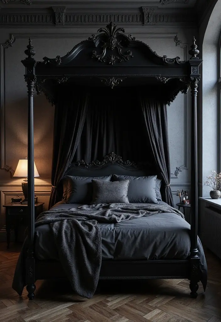 25 Dark Bohemian Bedroom Ideas for Moody Aesthetics 1 25 Dark Bohemian Bedroom Ideas for Moody Aesthetics - 1. Gothic Black Canopy Bed