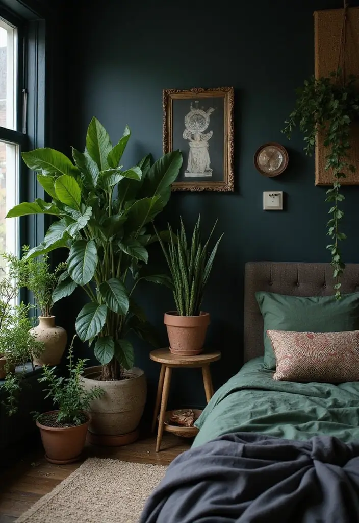 25 Dark Bohemian Bedroom Ideas for Moody Aesthetics 12 25 Dark Bohemian Bedroom Ideas for Moody Aesthetics - 12. Dark Botanicals