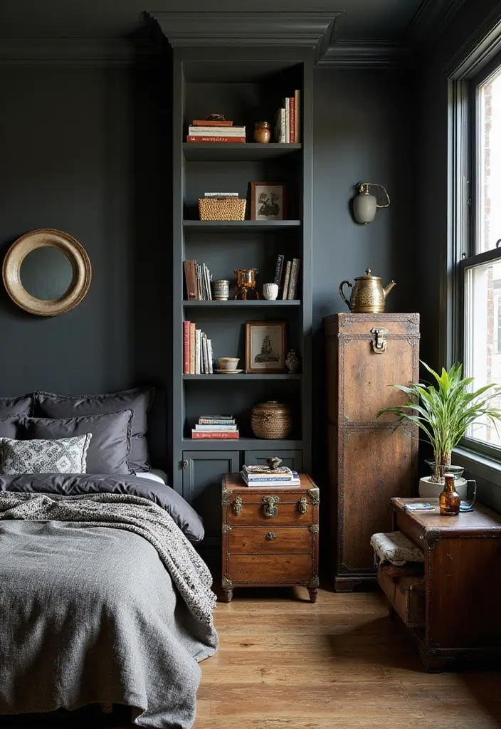 25 Dark Bohemian Bedroom Ideas for Moody Aesthetics 13 25 Dark Bohemian Bedroom Ideas for Moody Aesthetics - 13. Unique Storage Solutions