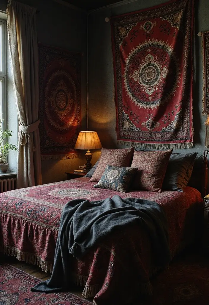 25 Dark Bohemian Bedroom Ideas for Moody Aesthetics 14 25 Dark Bohemian Bedroom Ideas for Moody Aesthetics - 14. Dark Tapestries