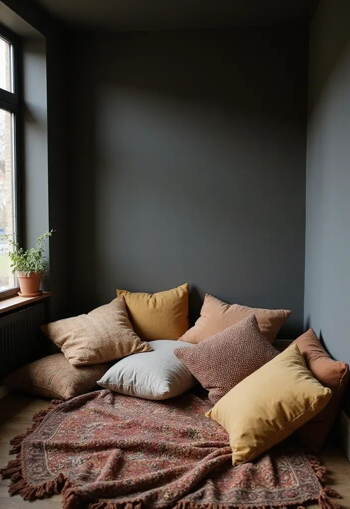 25 Dark Bohemian Bedroom Ideas for Moody Aesthetics 17 25 Dark Bohemian Bedroom Ideas for Moody Aesthetics - 17. Cozy Nooks with Floor Cushions