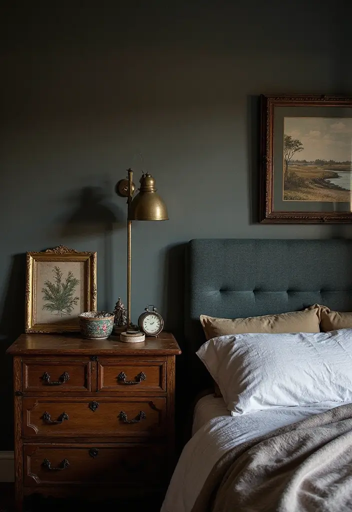 25 Dark Bohemian Bedroom Ideas for Moody Aesthetics 18 25 Dark Bohemian Bedroom Ideas for Moody Aesthetics - 18. Personal Touches with Family Heirlooms