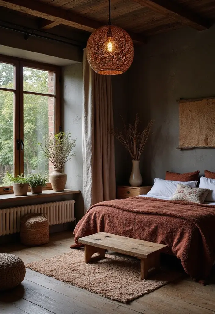 25 Dark Bohemian Bedroom Ideas for Moody Aesthetics 19 25 Dark Bohemian Bedroom Ideas for Moody Aesthetics - 19. Warm Wood Elements