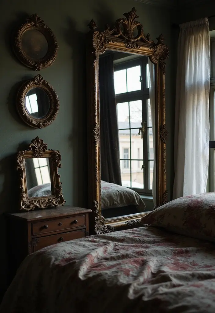 25 Dark Bohemian Bedroom Ideas for Moody Aesthetics 24 25 Dark Bohemian Bedroom Ideas for Moody Aesthetics - 24. Vintage Mirrors