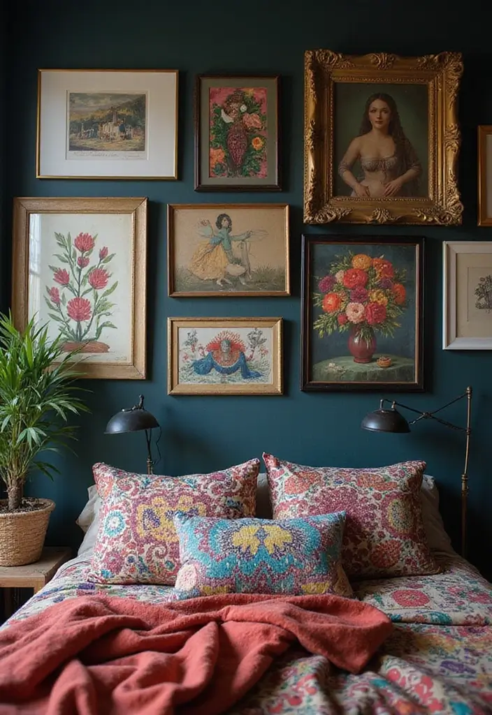 25 Dark Bohemian Bedroom Ideas for Moody Aesthetics 6 25 Dark Bohemian Bedroom Ideas for Moody Aesthetics - 6. Eclectic Art Display
