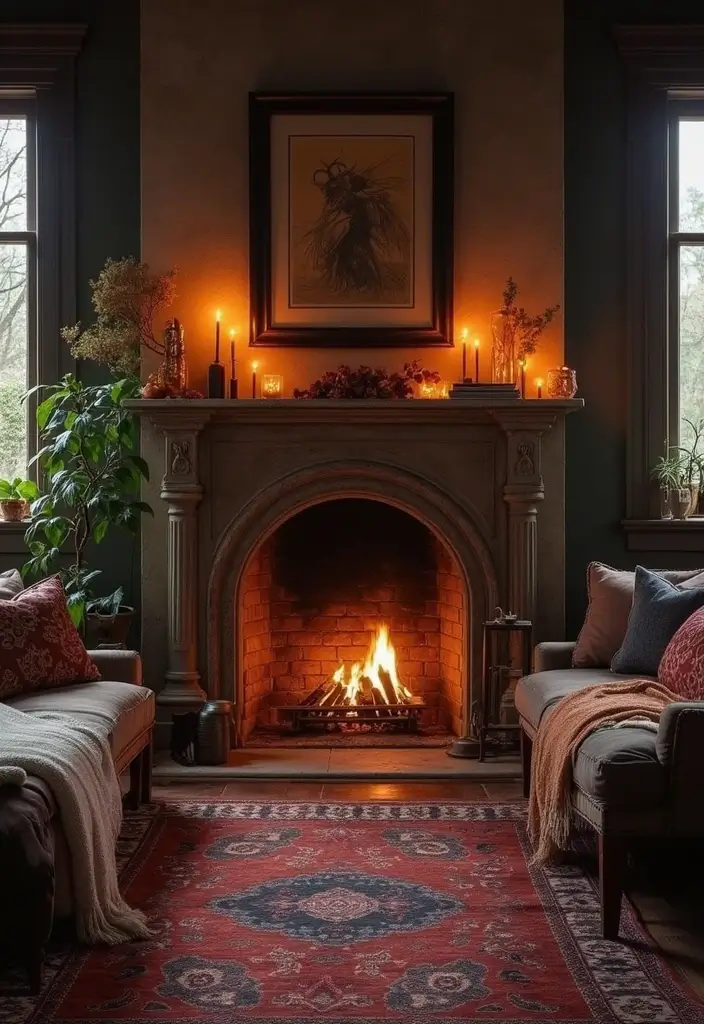 25 Dark Bohemian Living Room Designs That Wow 12 25 Dark Bohemian Living Room Designs That Wow - 12. A Cozy Fireplace Focal Point
