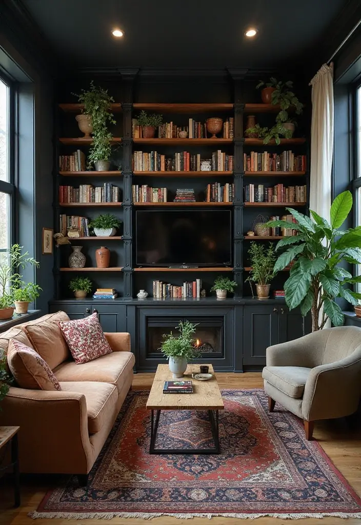 25 Dark Bohemian Living Room Designs That Wow 13 25 Dark Bohemian Living Room Designs That Wow - 13. Embrace Open Shelving