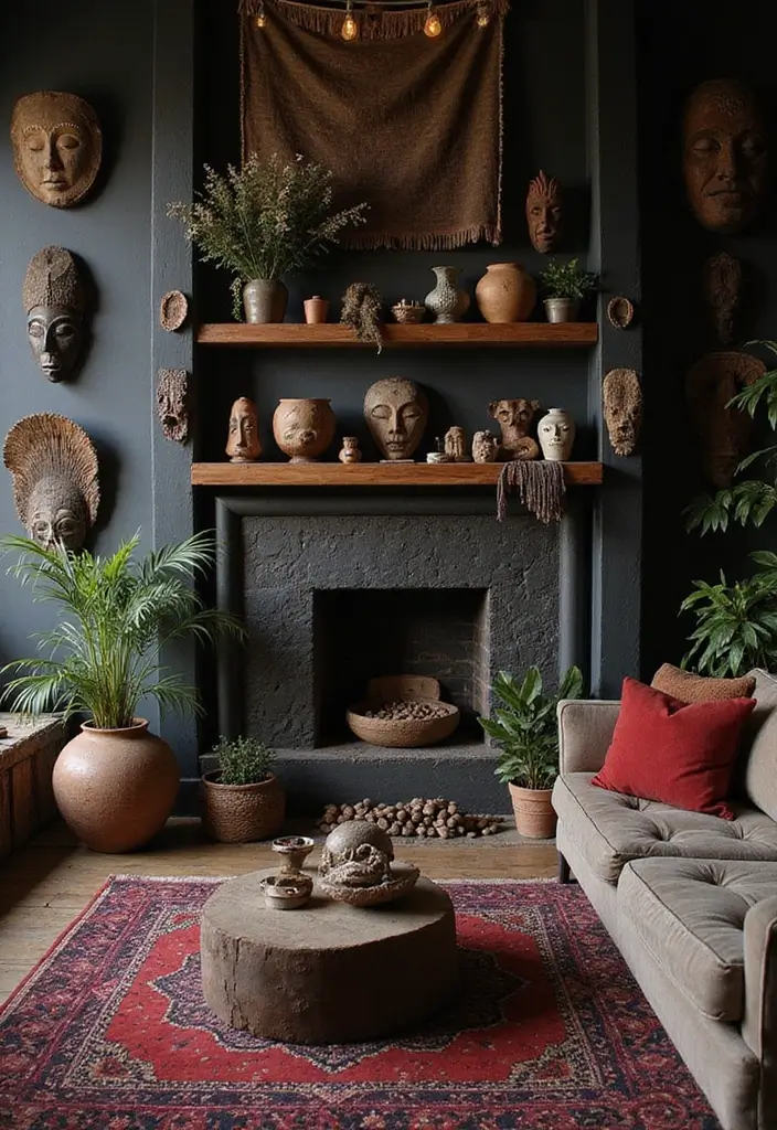 25 Dark Bohemian Living Room Designs That Wow 15 25 Dark Bohemian Living Room Designs That Wow - 15. Incorporating Cultural Artifacts