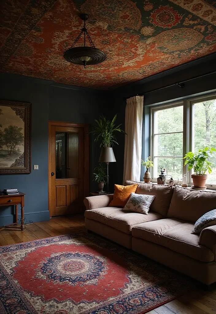 25 Dark Bohemian Living Room Designs That Wow 18 25 Dark Bohemian Living Room Designs That Wow - 18. Artistic Textiles on The Ceiling