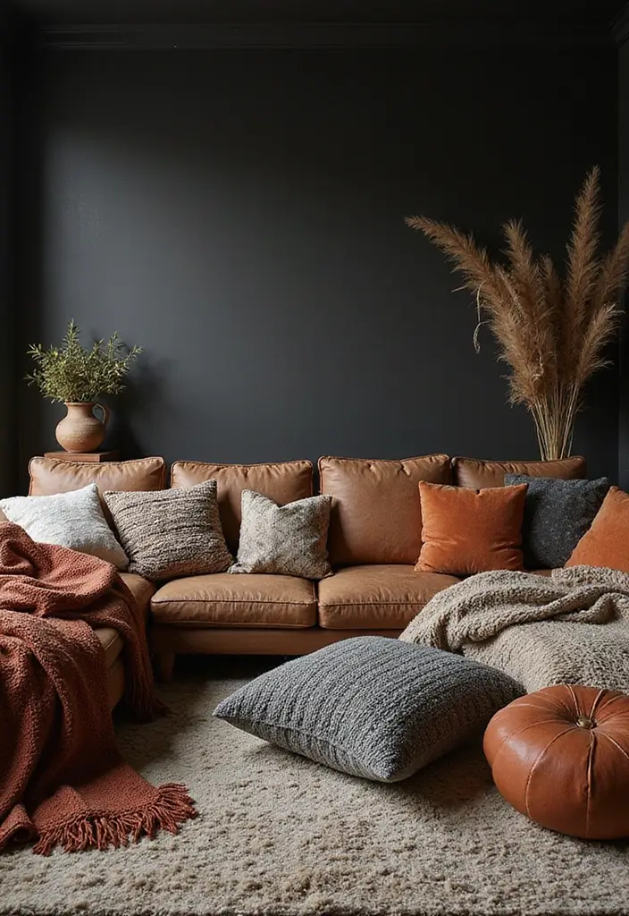 25 Dark Bohemian Living Room Designs That Wow 20 25 Dark Bohemian Living Room Designs That Wow - 20. Layered Textiles for Softness