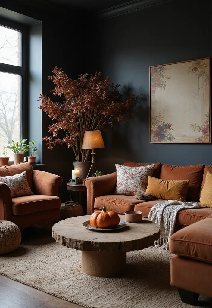 25 Dark Bohemian Living Room Designs That Wow 24 25 Dark Bohemian Living Room Designs That Wow - 24. Seasonal Decor Changes