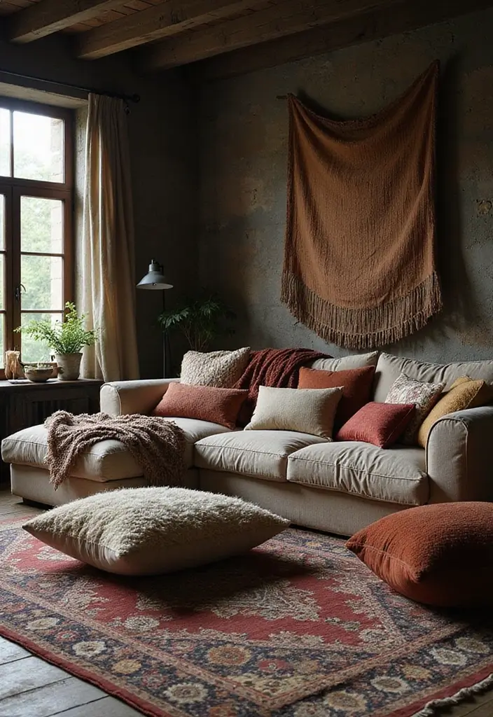 25 Dark Bohemian Living Room Designs That Wow 4 25 Dark Bohemian Living Room Designs That Wow - 4. Textural Layers Galore