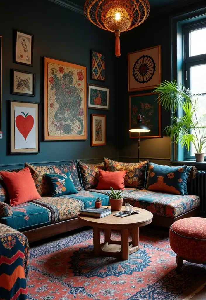 25 Dark Bohemian Living Room Designs That Wow 9 25 Dark Bohemian Living Room Designs That Wow - 9. Playful Patterns and Prints