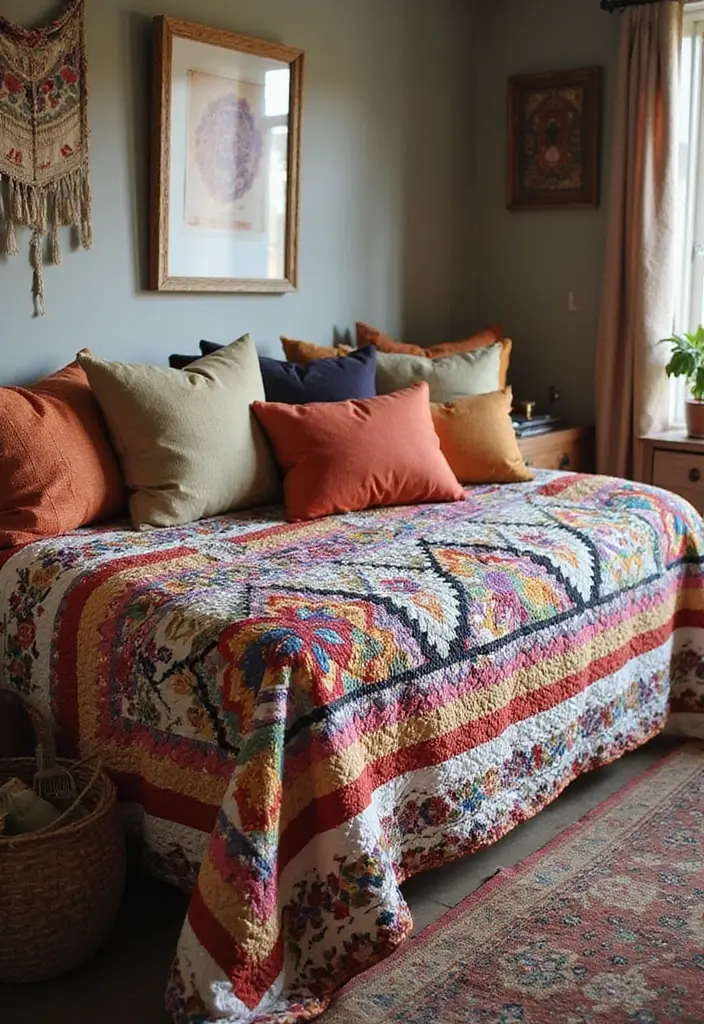 26 Bohemian Daybed Ideas That Feel Cozy and Inviting 16 26 Bohemian Daybed Ideas That Feel Cozy and Inviting - 16. Colorful Quilts as Centerpieces