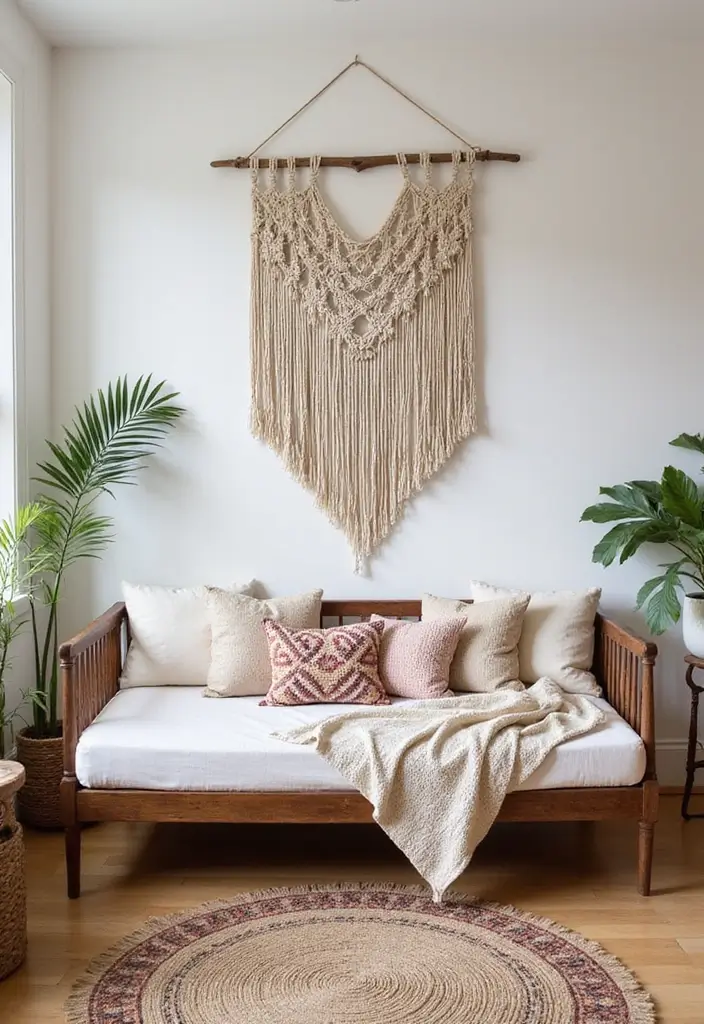 26 Bohemian Daybed Ideas That Feel Cozy and Inviting 19 26 Bohemian Daybed Ideas That Feel Cozy and Inviting - 19. Hang a Macramé Wall Hanging