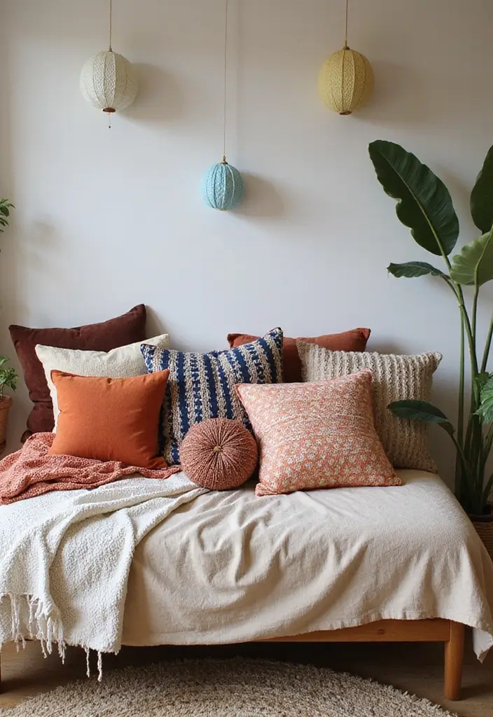 26 Bohemian Daybed Ideas That Feel Cozy and Inviting 20 26 Bohemian Daybed Ideas That Feel Cozy and Inviting - 20. Cozy Pillows with Unique Shapes