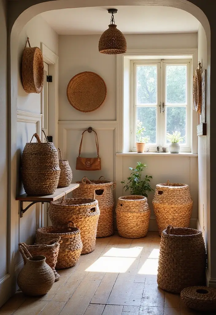 26 Bohemian Entryway Ideas That Make a First Impression - 1. Colorful Woven Baskets