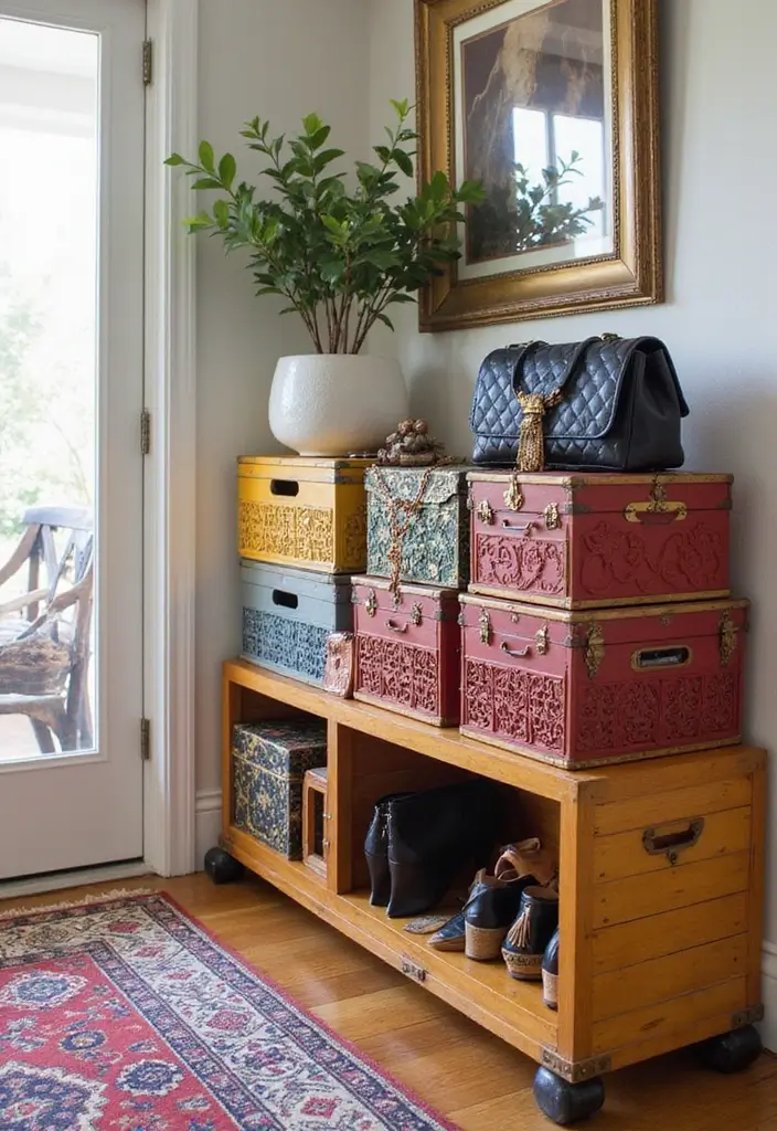 26 Bohemian Entryway Ideas That Make a First Impression - 12. Artistic Storage Solutions