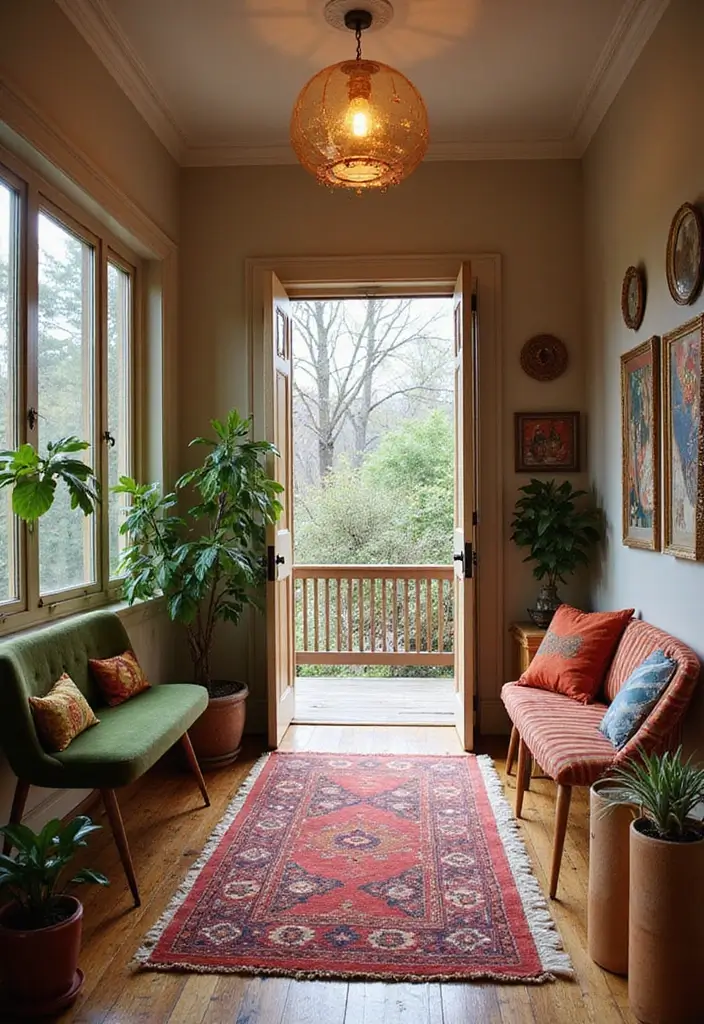 26 Bohemian Entryway Ideas That Make a First Impression - 24. Retro-Inspired Accents