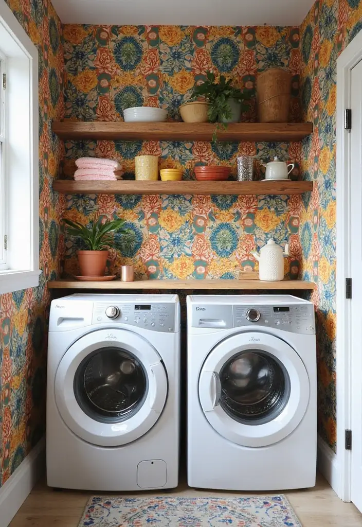 26 Bohemian Laundry Room Ideas That Look Stylish 4 26 Bohemian Laundry Room Ideas That Look Stylish - 4. Colorful Wallpaper Accents