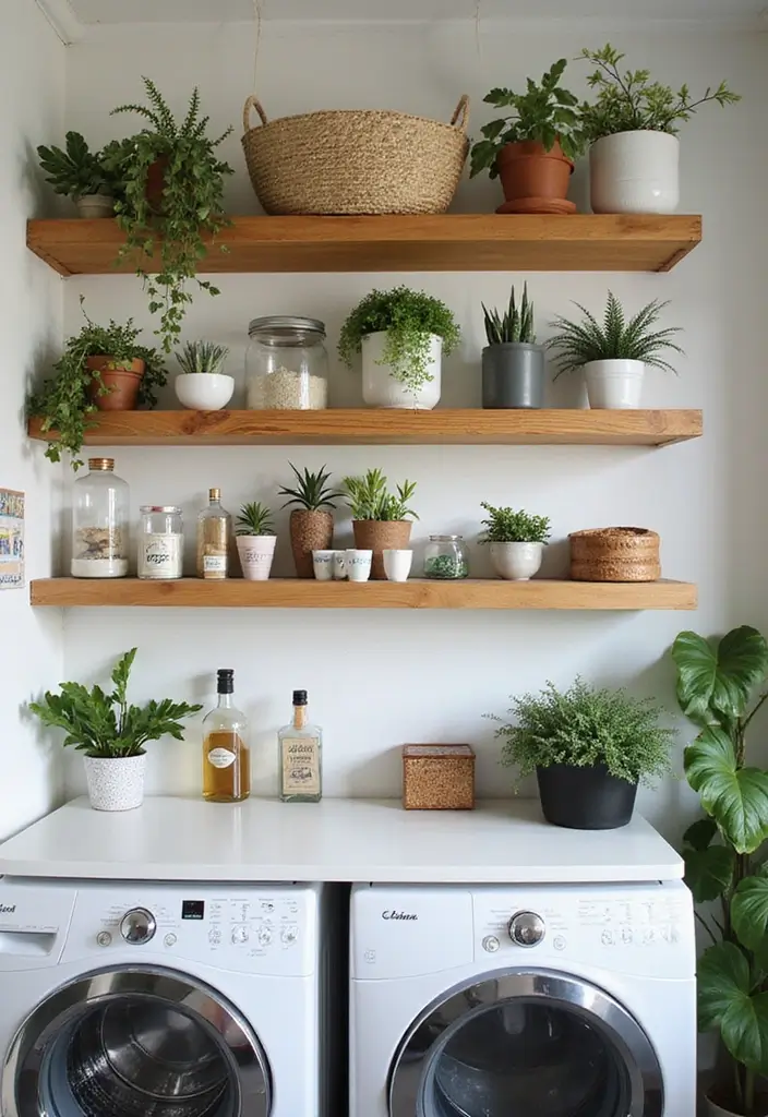 26 Bohemian Laundry Room Ideas That Look Stylish 5 26 Bohemian Laundry Room Ideas That Look Stylish - 5. Open Shelving with Plants