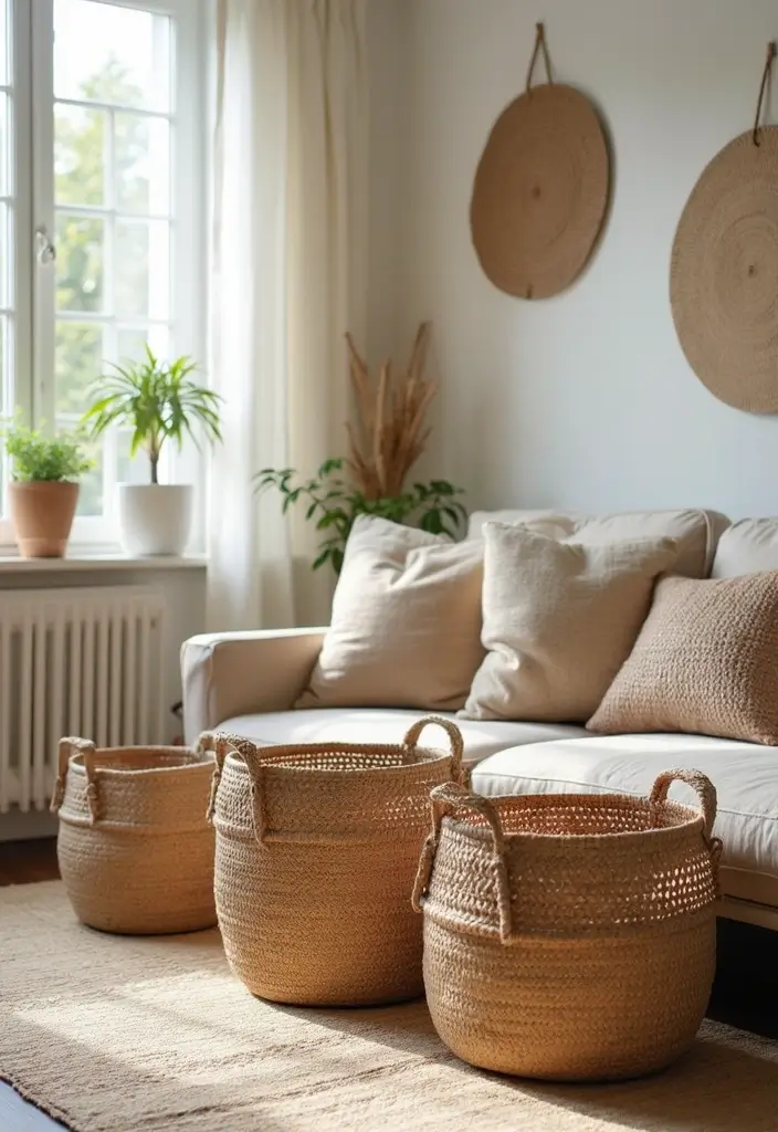 26 Earthy Bohemian Living Room Ideas for Natural Warmth 19 26 Earthy Bohemian Living Room Ideas for Natural Warmth - 19. Decorative Storage Baskets