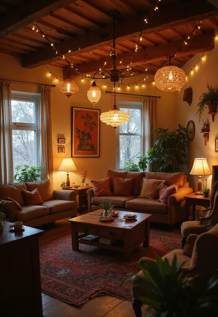 26 Earthy Bohemian Living Room Ideas for Natural Warmth 9 26 Earthy Bohemian Living Room Ideas for Natural Warmth - 9. Layered Lighting