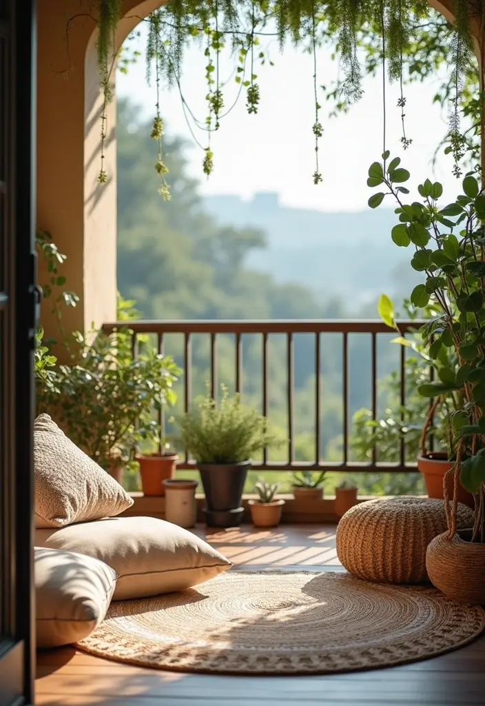 27 Bohemian Balcony Ideas That Transform Small Spaces 12 27 Bohemian Balcony Ideas That Transform Small Spaces - 12. A Serene Meditation Corner