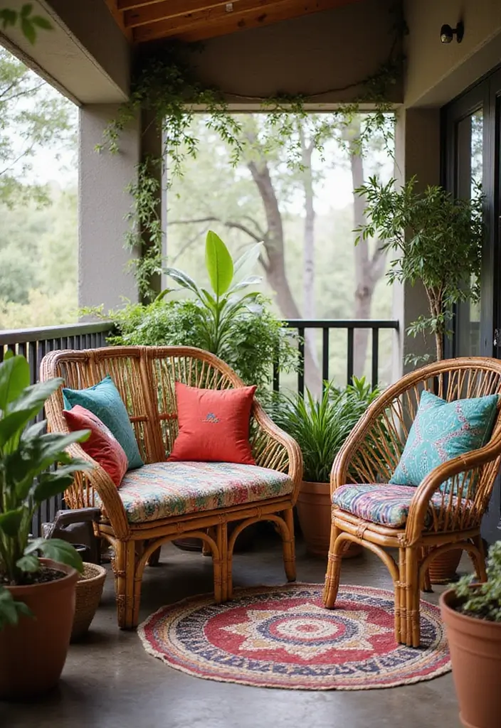27 Bohemian Balcony Ideas That Transform Small Spaces 2 27 Bohemian Balcony Ideas That Transform Small Spaces - 2. Cozy Rattan Furniture
