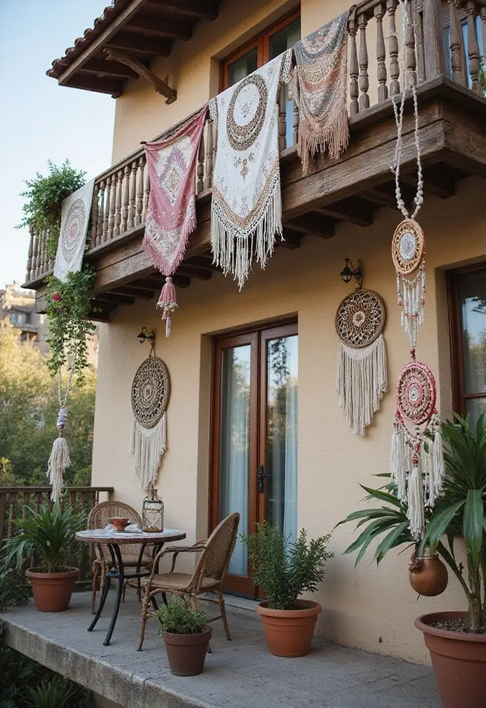 27 Bohemian Balcony Ideas That Transform Small Spaces 26 27 Bohemian Balcony Ideas That Transform Small Spaces - 26. Artistic Hanging Decor