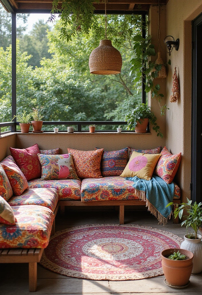 27 Bohemian Balcony Ideas That Transform Small Spaces 5 27 Bohemian Balcony Ideas That Transform Small Spaces - 5. Colorful Pillows and Throws