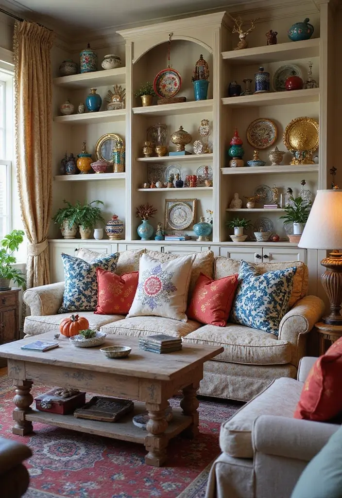 27 Bohemian Chic Living Room Ideas That Feel Effortlessly Stylish 21 27 Bohemian Chic Living Room Ideas That Feel Effortlessly Stylish - 21. Colorful Knickknacks