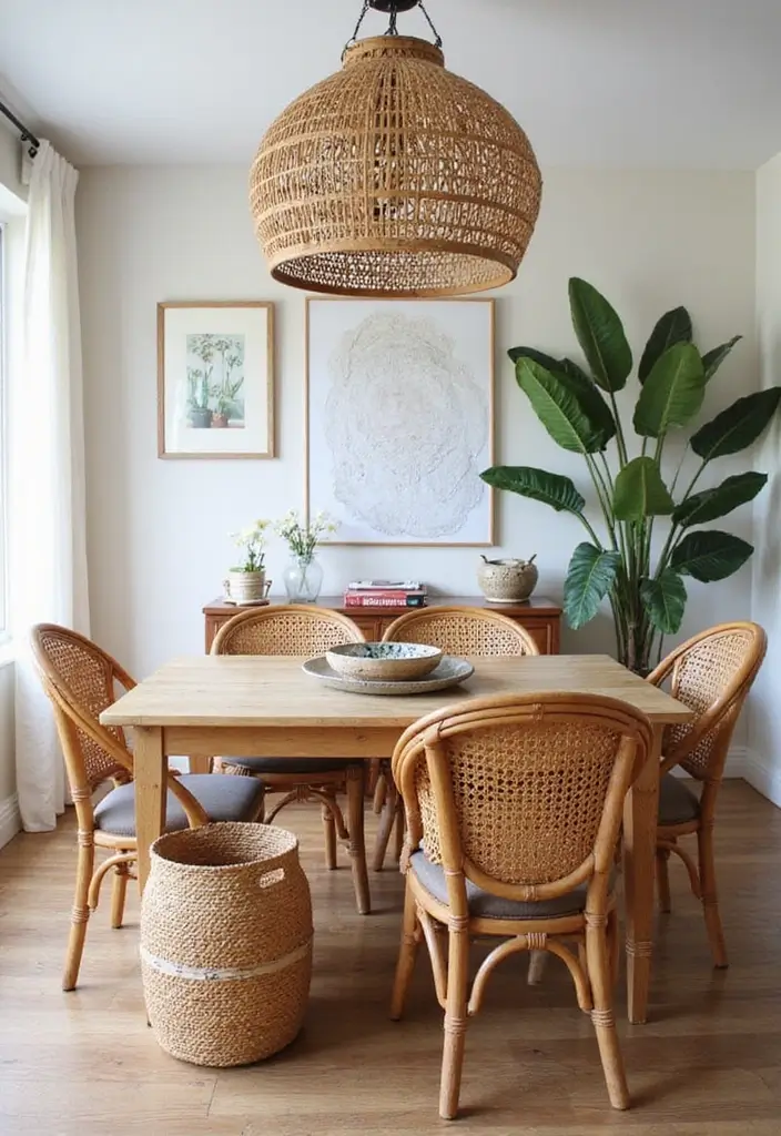 27 Bohemian Dining Room Ideas for Laid-Back Entertaining - 17. Rattan and Wicker Accents