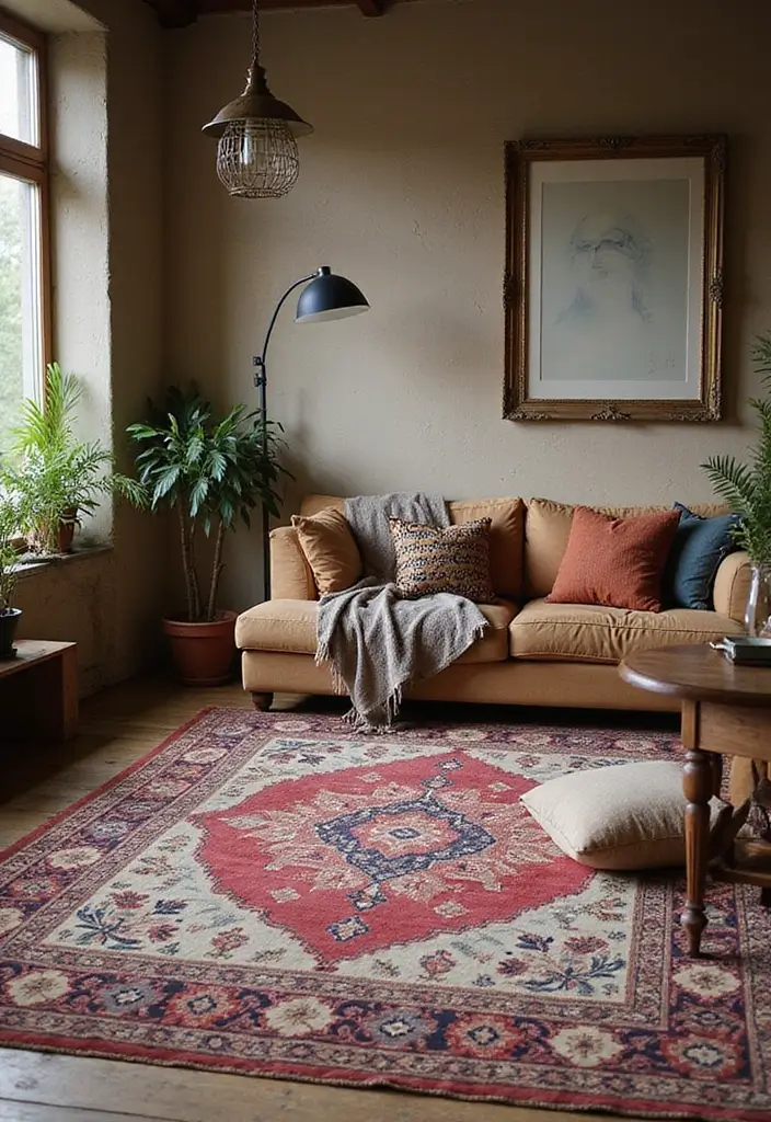 27 Bohemian Farmhouse Decor Looks That Feel Fresh and Cozy - 17. Vintage Rugs for Warmth