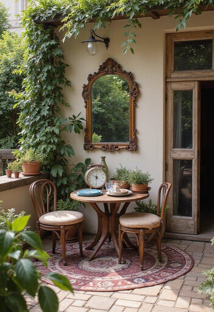 27 Bohemian Patio Ideas for Dreamy Outdoor Vibes 12 27 Bohemian Patio Ideas for Dreamy Outdoor Vibes - 12. Vintage Decor Accents