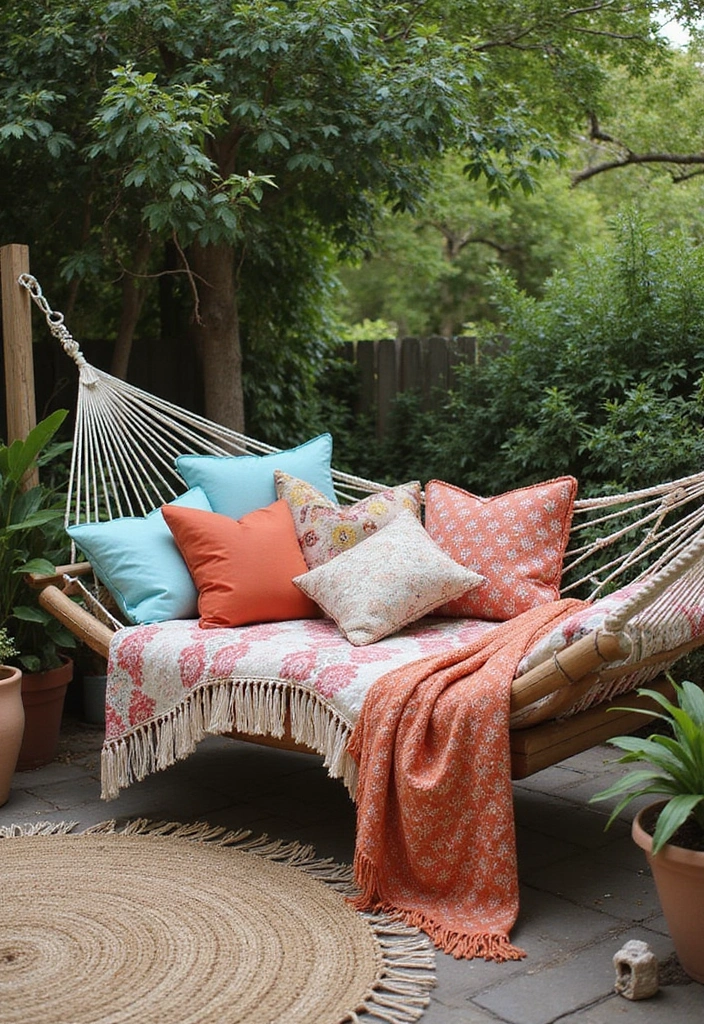 27 Bohemian Patio Ideas for Dreamy Outdoor Vibes 15 27 Bohemian Patio Ideas for Dreamy Outdoor Vibes - 15. Relaxing Hammock