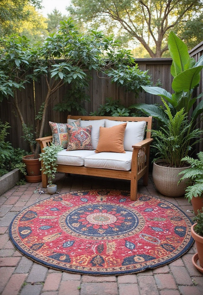 27 Bohemian Patio Ideas for Dreamy Outdoor Vibes 21 27 Bohemian Patio Ideas for Dreamy Outdoor Vibes - 21. Outdoor Rugs for Comfort