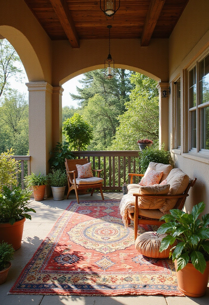 27 Bohemian Porch Ideas Perfect for Relaxing Afternoons 11 27 Bohemian Porch Ideas Perfect for Relaxing Afternoons - 11. Outdoor Rugs for Style and Comfort