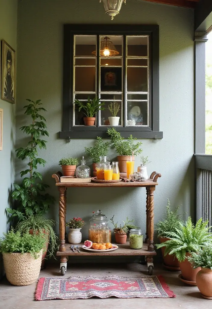 27 Bohemian Porch Ideas Perfect for Relaxing Afternoons 23 27 Bohemian Porch Ideas Perfect for Relaxing Afternoons - 23. Charming Outdoor Serving Carts
