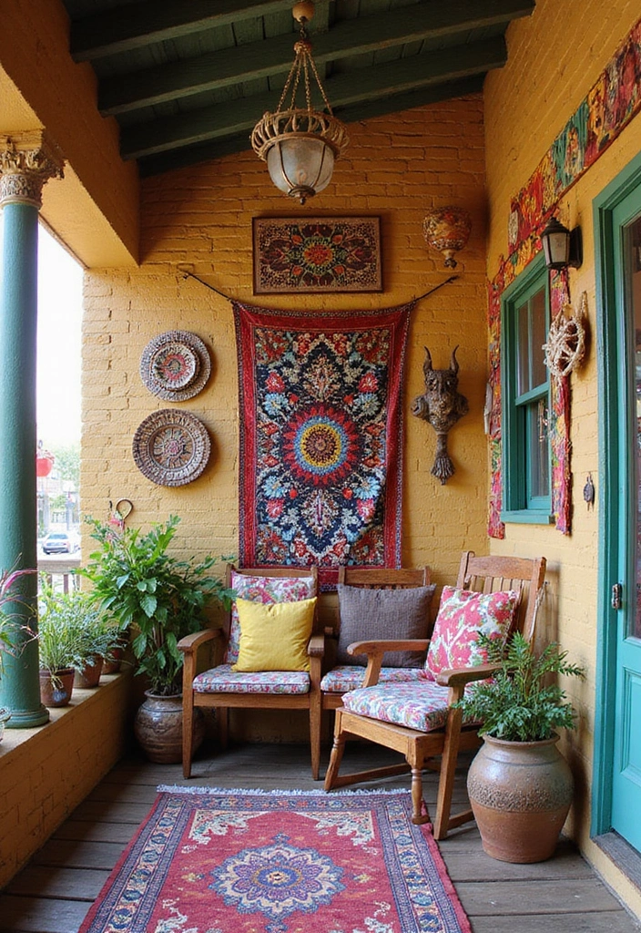 27 Bohemian Porch Ideas Perfect for Relaxing Afternoons 6 27 Bohemian Porch Ideas Perfect for Relaxing Afternoons - 6. Colorful Wall Art