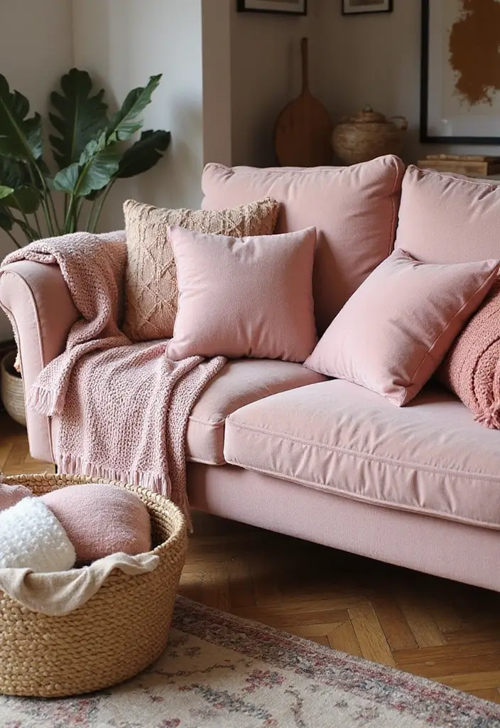 27 Pink Sofa Living Room Bohemian Ideas That Look Amazing 1 27 Pink Sofa Living Room Bohemian Ideas That Look Amazing - 1. Layered Textures for Ultimate Comfort