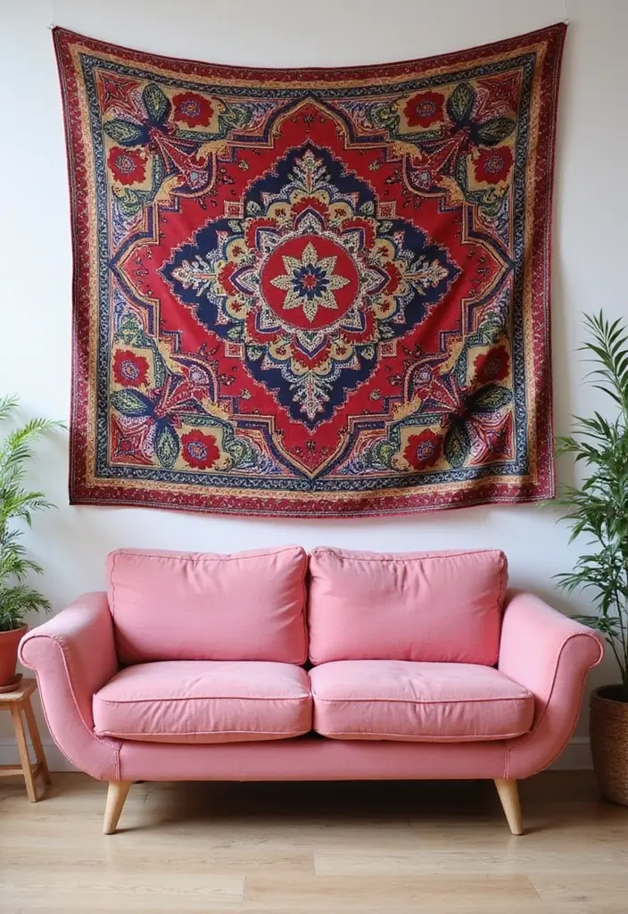 27 Pink Sofa Living Room Bohemian Ideas That Look Amazing 13 27 Pink Sofa Living Room Bohemian Ideas That Look Amazing - 13. Incorporating Wall Tapestries