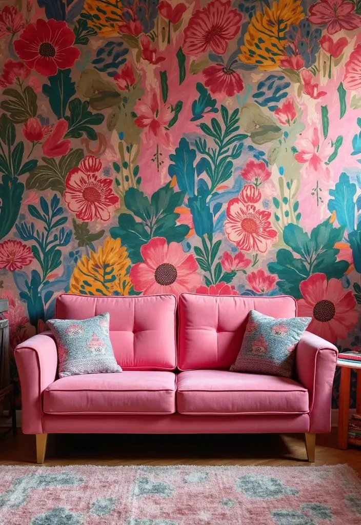 27 Pink Sofa Living Room Bohemian Ideas That Look Amazing 15 27 Pink Sofa Living Room Bohemian Ideas That Look Amazing - 15. Embrace Bold Wallpaper
