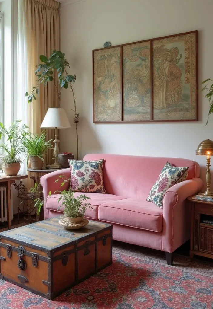 27 Pink Sofa Living Room Bohemian Ideas That Look Amazing 16 27 Pink Sofa Living Room Bohemian Ideas That Look Amazing - 16. Vintage Finds and Thrifted Treasures