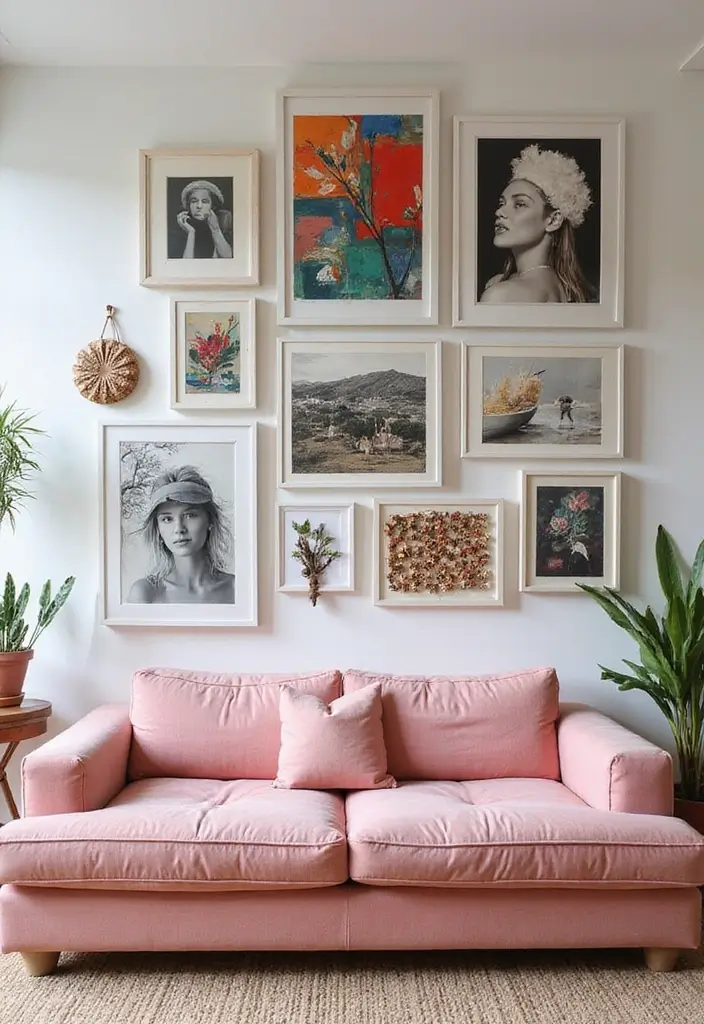 27 Pink Sofa Living Room Bohemian Ideas That Look Amazing 2 27 Pink Sofa Living Room Bohemian Ideas That Look Amazing - 2. Gallery Wall of Eclectic Art